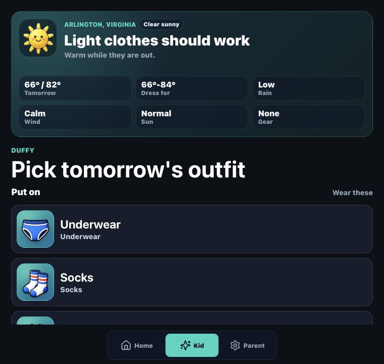 Clothes for Tomorrow app screen showing weather and Duffy picking outfit items